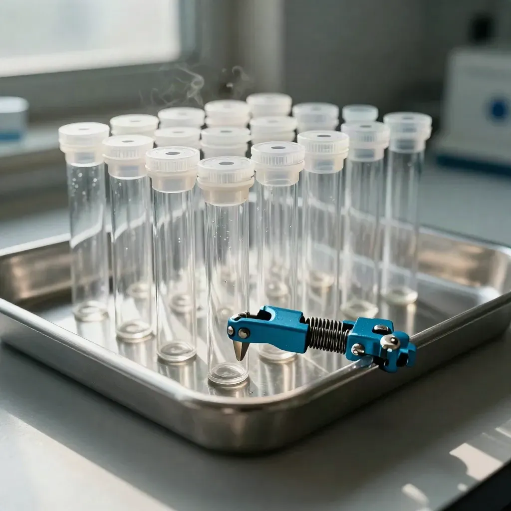 Stainless-Tray mit Probenvials und Federklemmen auf gebürstetem Metall, kühl und klinisch.