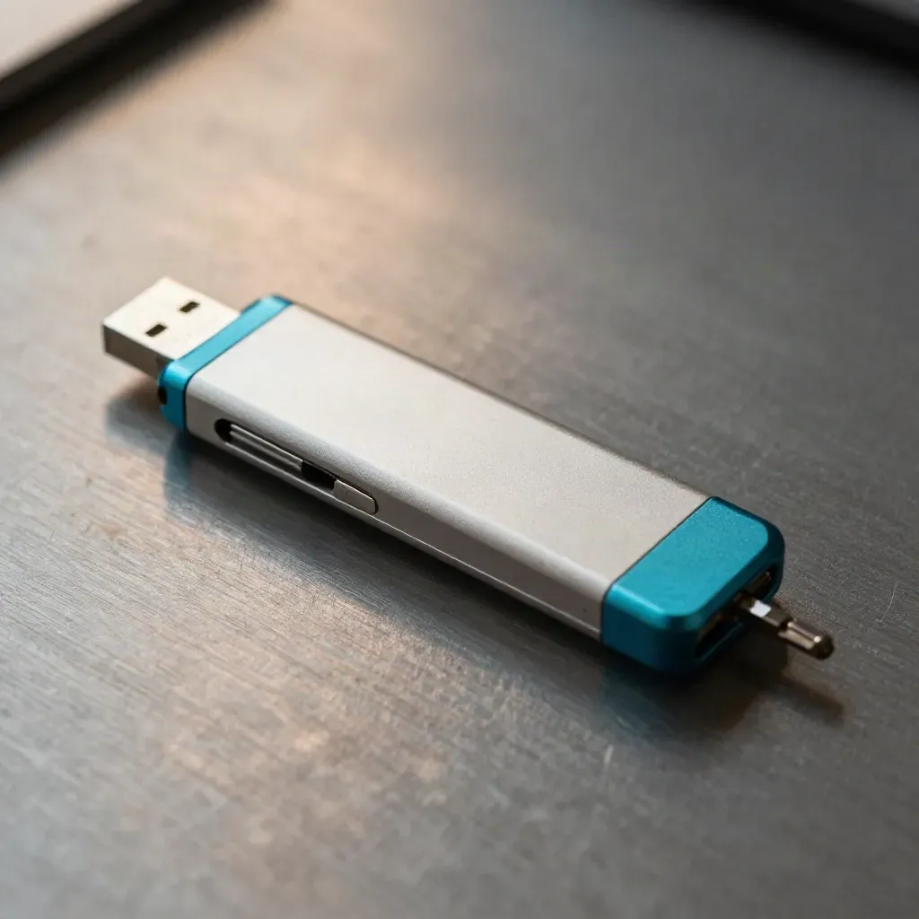 USB-Installer-Stick und kleiner Inbusschraubendreher auf gebürstetem Metall im Makro.