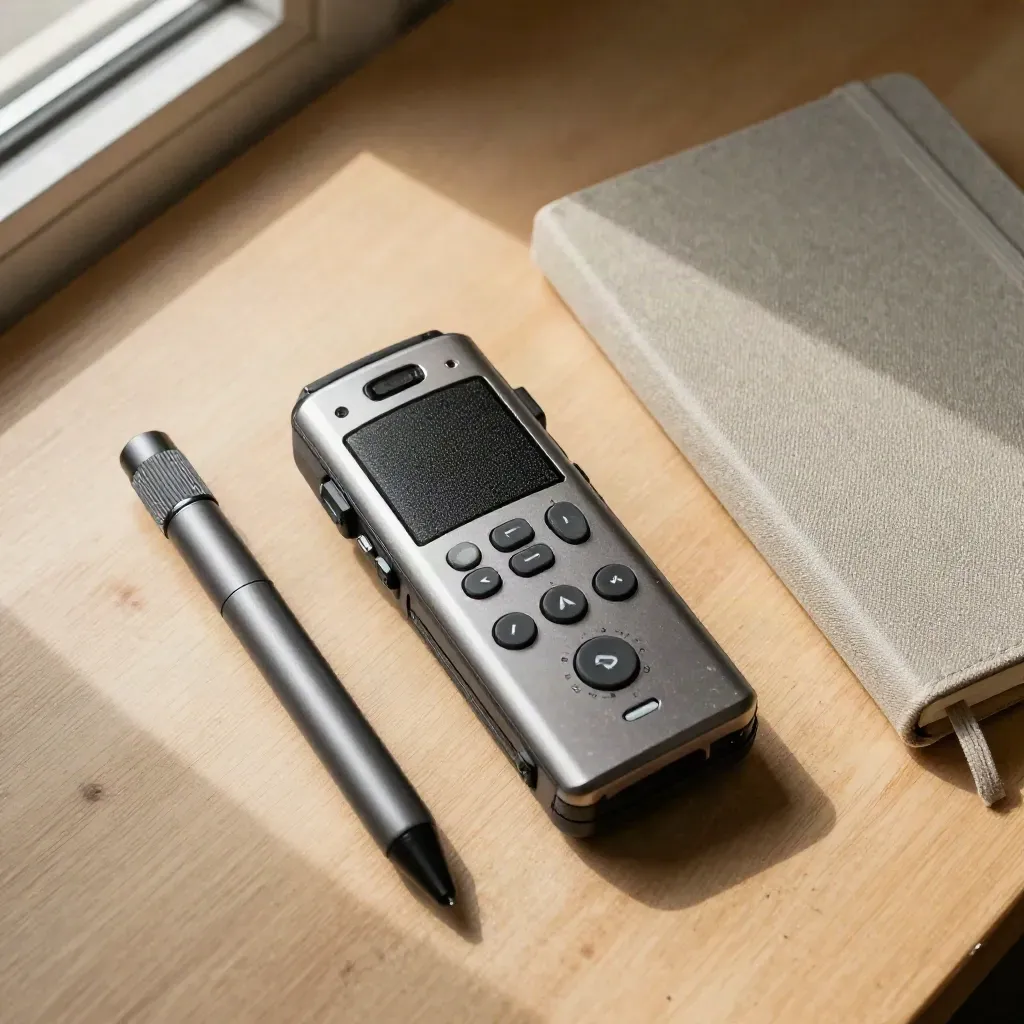 Audiorecorder, Stiftlampe und geschlossenes Notizbuch auf hellem Holz im Editorial-Look.