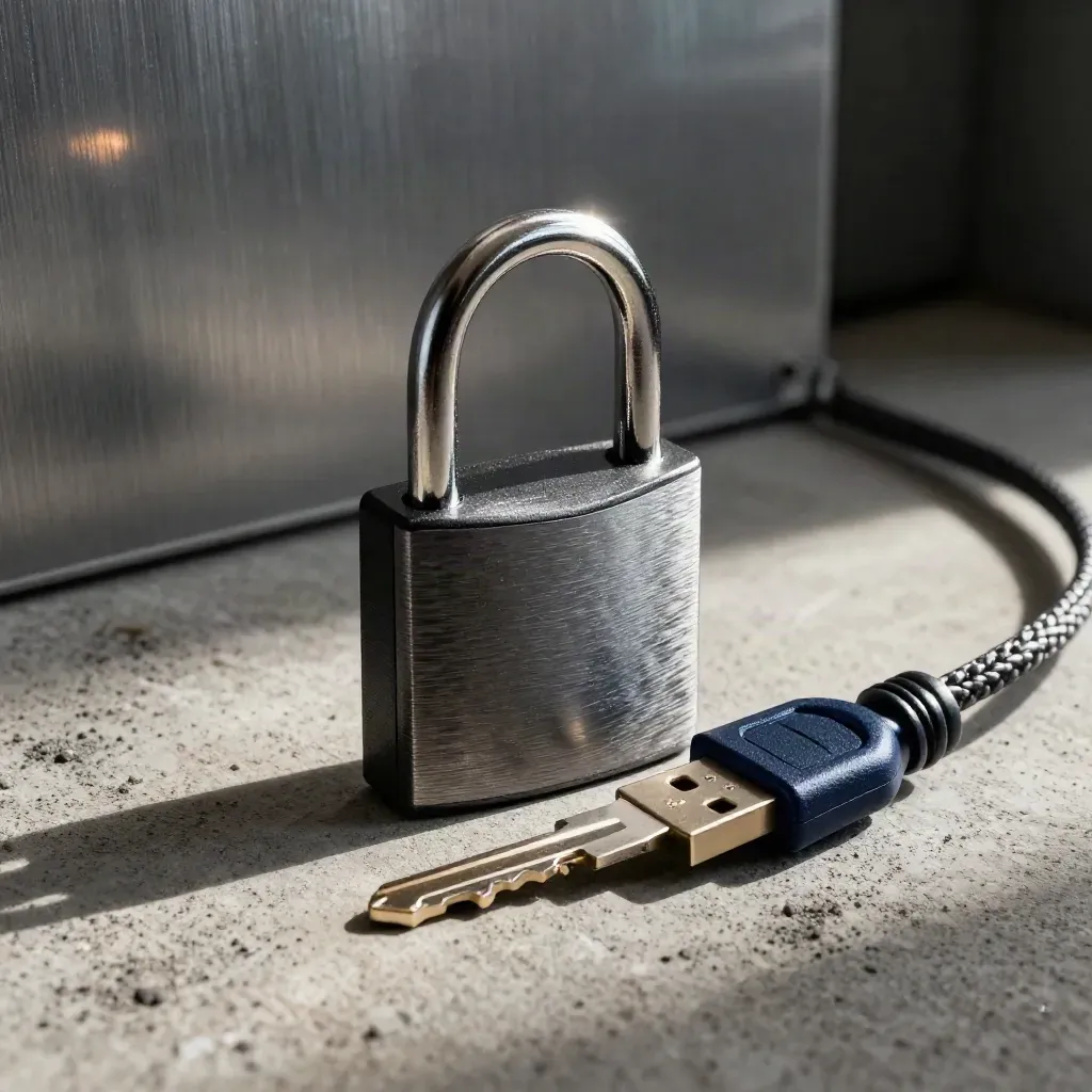 Hardware-Sicherheitsschlüssel, Schlosskörper und USB-Kabel auf Beton im dramatischen Licht.