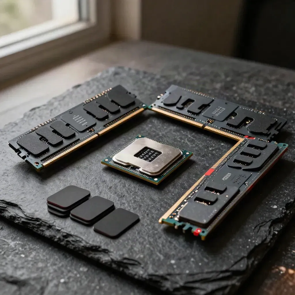 RAM-Module, CPU-Paket und Wärmeleitpads auf schwarzem Stein im dramatischen Licht