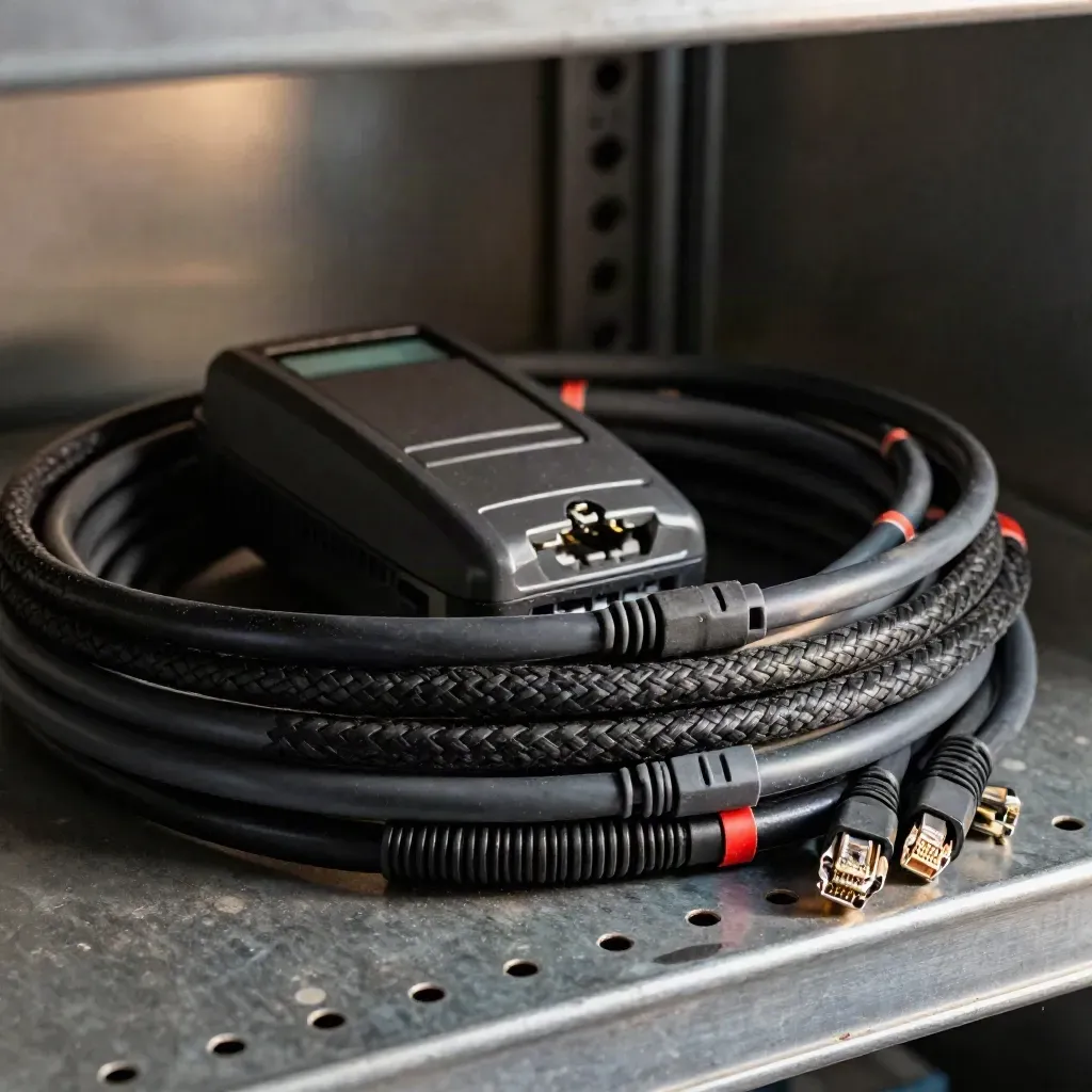 Ethernet-Kabelbündel, Stecker-Kappen und Smart-Card-Reader auf einem Serverrack-Regal