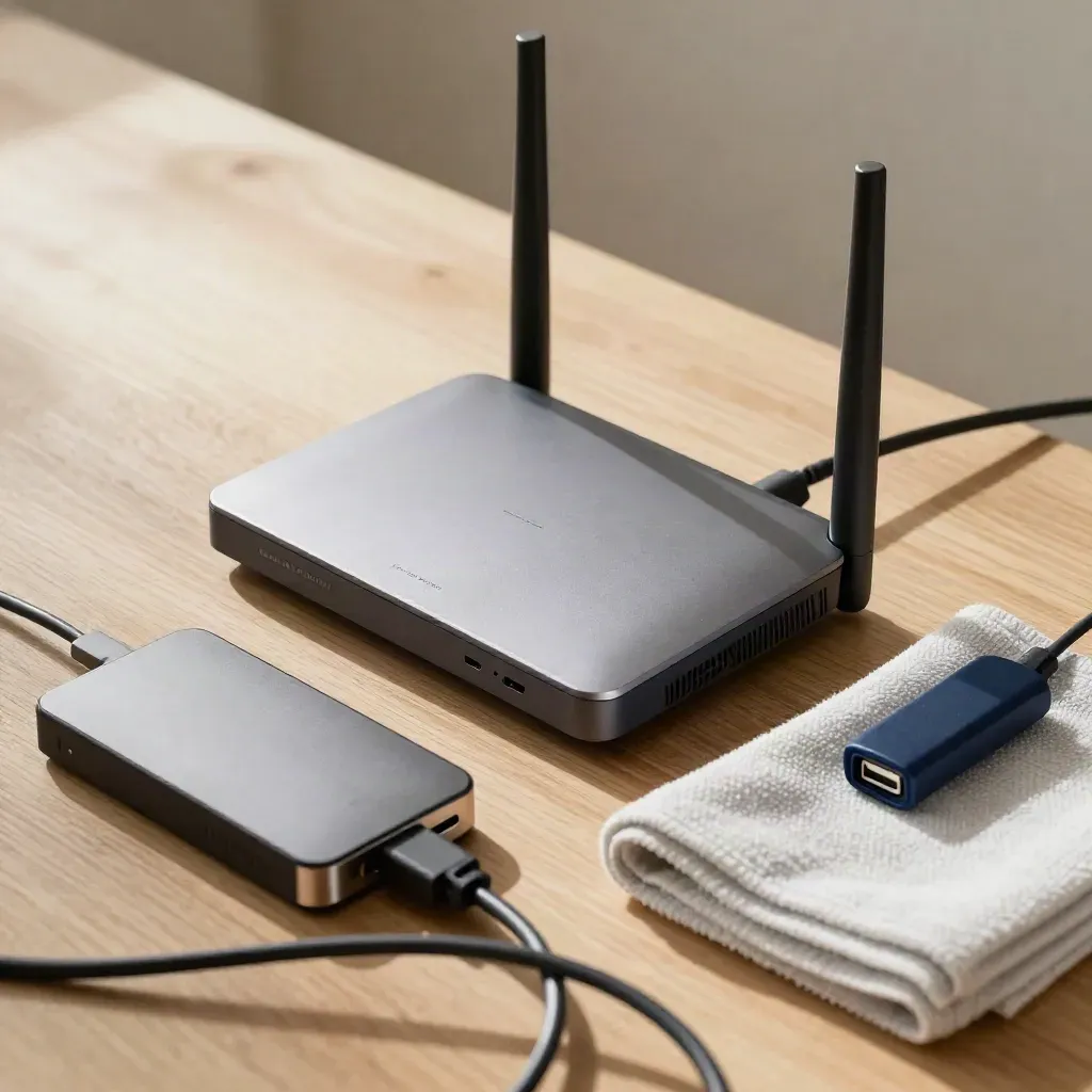 Router, USB-C-Hub und Backup-Festplatte auf hellem Holz, mit Tuch und sanftem Licht.