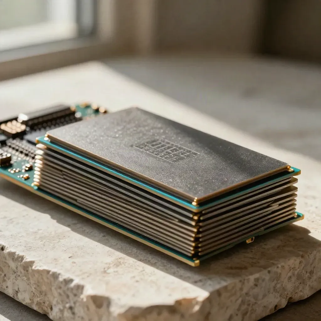 Makro von CPU-Paket, GPU-Backplate und Thermalpads auf gebürstetem Stein.