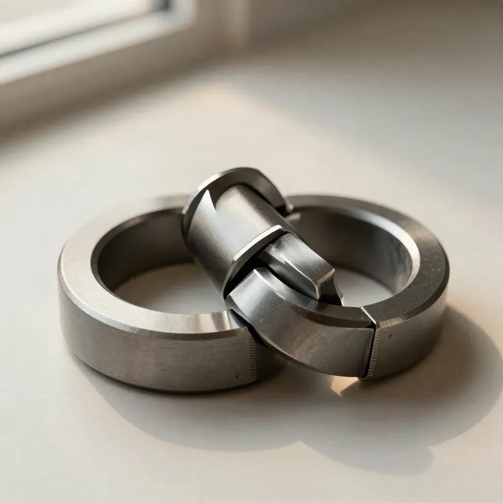 Makro von verbundenen Metallringen und einem Magnetkabel auf gebürstetem Metall.