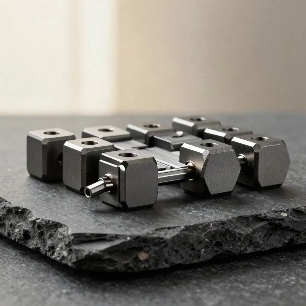 Metallblock- und Distanzhalter-Stillleben auf dunklem Stein im dramatischen Studiolicht