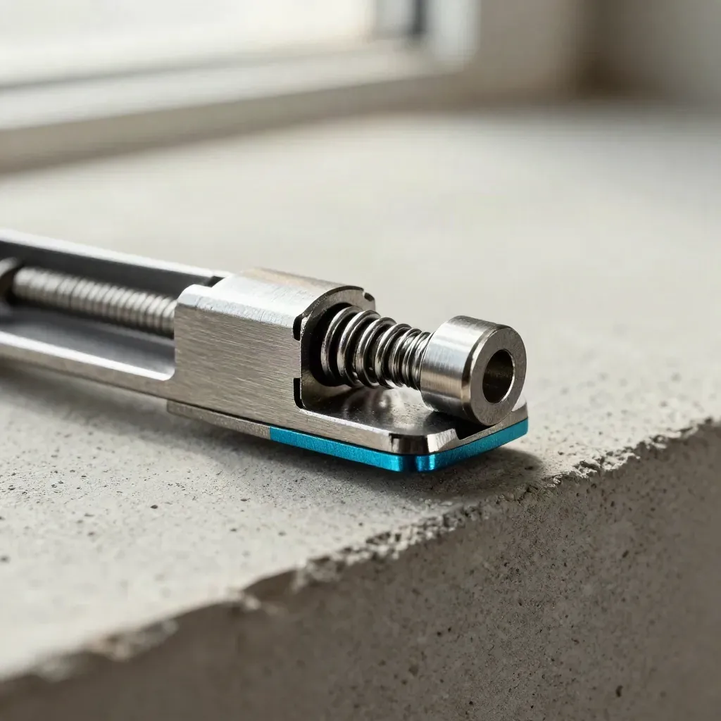 Makro von Brackets, Federclip und Präzisionsdübel auf hellem Beton mit Cyan-Akzent